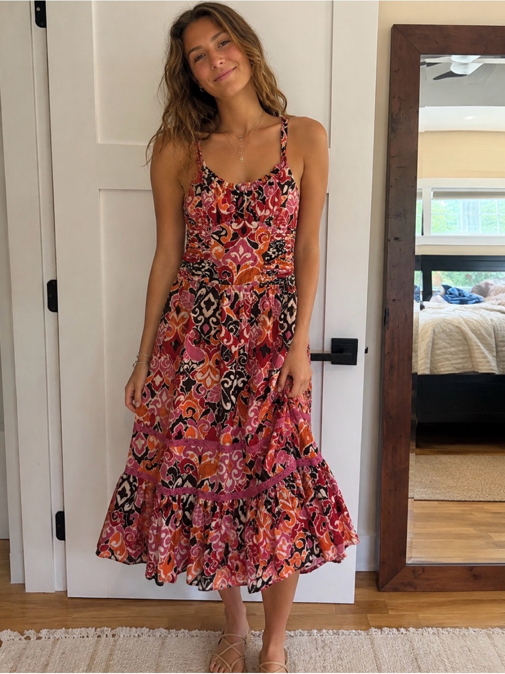 We’re All Pretty Girls NWT Floral Maxi Sundress in Pink & Orange.  Lace Ruffle